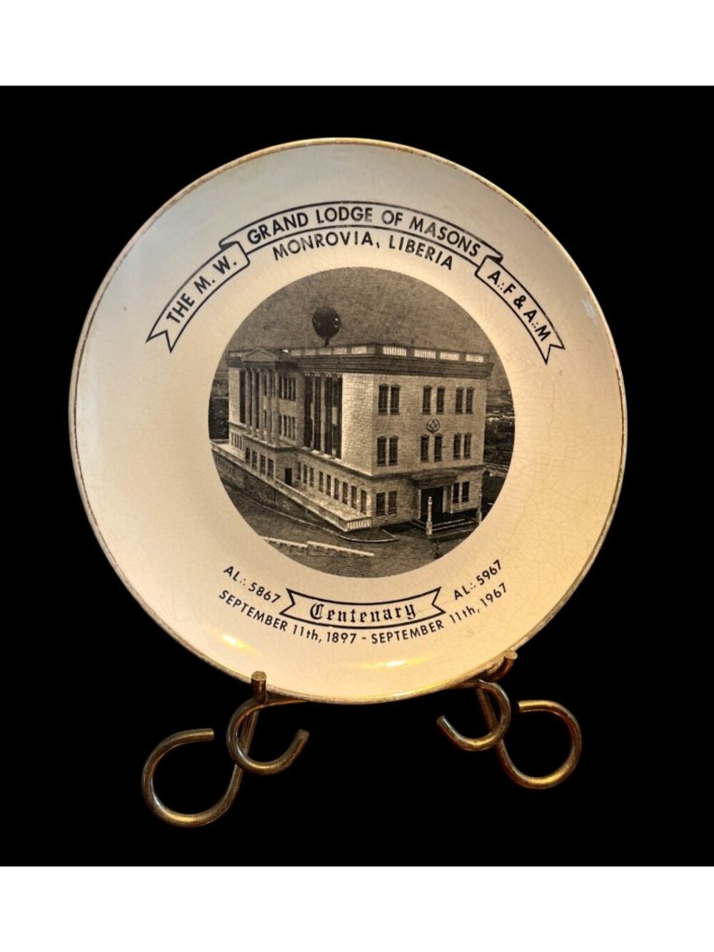 The M.W. Grand Lodge Of Masons Monrovia Liberia Centenary Plate 1897-1967 Vtg